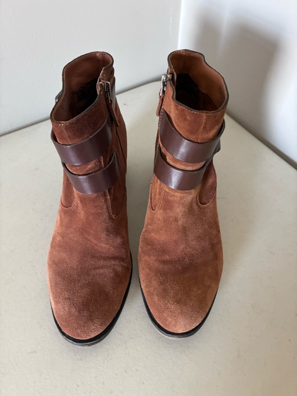 Franco Sarto Women’s Brown Suede Ankle Booties with Brown Leather Straps